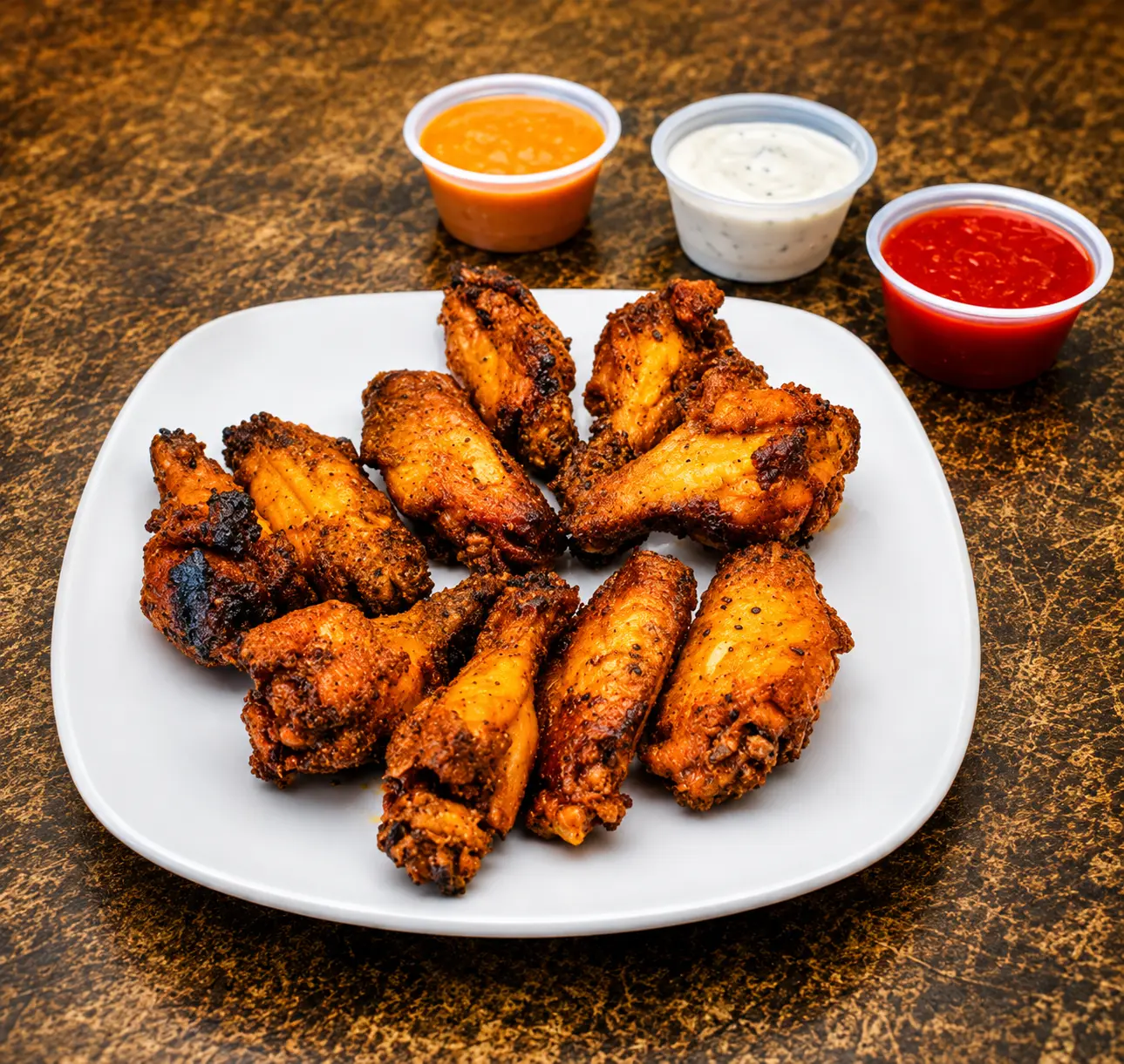 Platter of chicken wings with three dipping sauces at City South Pizza in Winnipeg